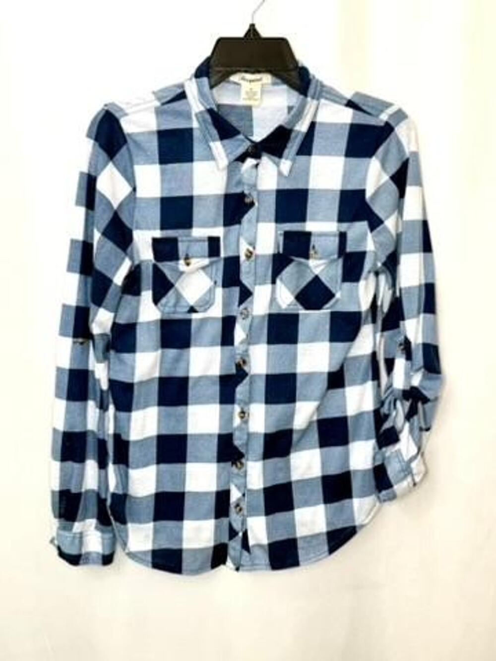 Passport Women Plaid Button Up Shirt Size M Blue White Buffalo Check Roll Tab